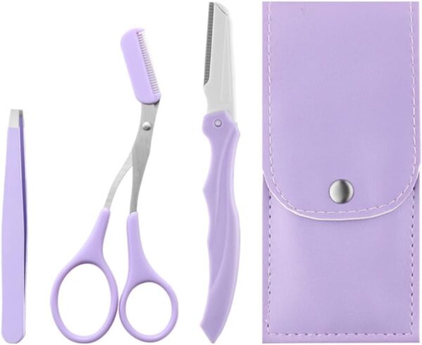 Eyebrow Trimmer Scissors with Comb Stainless Steel Eyebrow Razor Eyelash Hair Scissors Beginner Eyebrow Trimmer Set Make Up Tool (Purple)