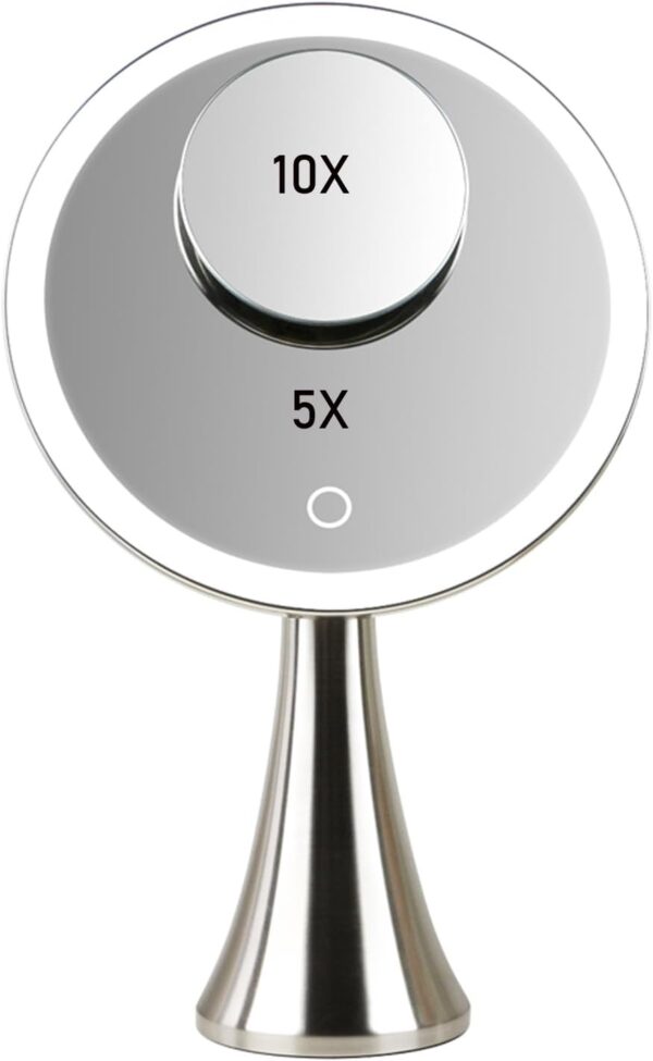 9inch Lighted Round Makeup Vanity Mirror, 5X/10X Dual Magnification with Ultra Bright  Lights Beauty Mirror, Rechargeable, Cordless, Touch Control Adjustable Brightness, Brushed Stainless Steel