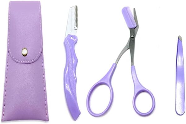 3-in-1 Eyebrow Grooming Set, Eyebrow Scissors Kit, Eyebrow Razor, Slanted Tip Tweezers, Eyebrow Trimmer Kit for Women and Men(Purple)