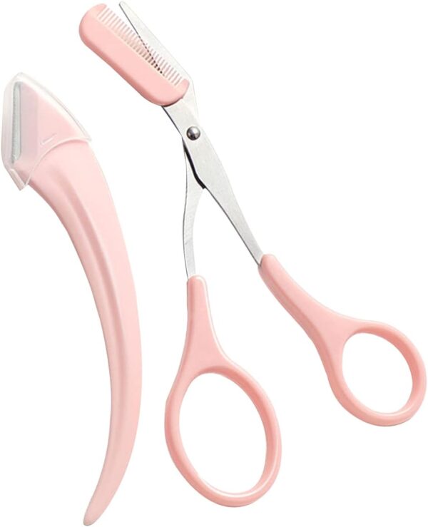 2Pcs Eyebrow Scissors with Comb, Precision Eyebrow Trimming Set, Non-Slip Eyebrow Trimming Scissors, Stainless Steel Curved Eyebrow Razor Hair Removal Beauty Tool for Men Women (Pink)