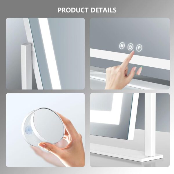 Makeup Vanity Mirror with Lights 15.2" Large LED Lighted Mirror,  Make Up Mirror with Lighting for Bedroom Tabletop, Smart Touch,Detachable 10X Magnification 360° Rotation, (White) - Image 2