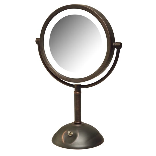 Lighted Tabletop Bronze Finish Makeup Mirror – 8X-1X Magnification – 8.5” Diameter Vanity Mirror – Variable Light Settings - Power Cord and Plug – Model