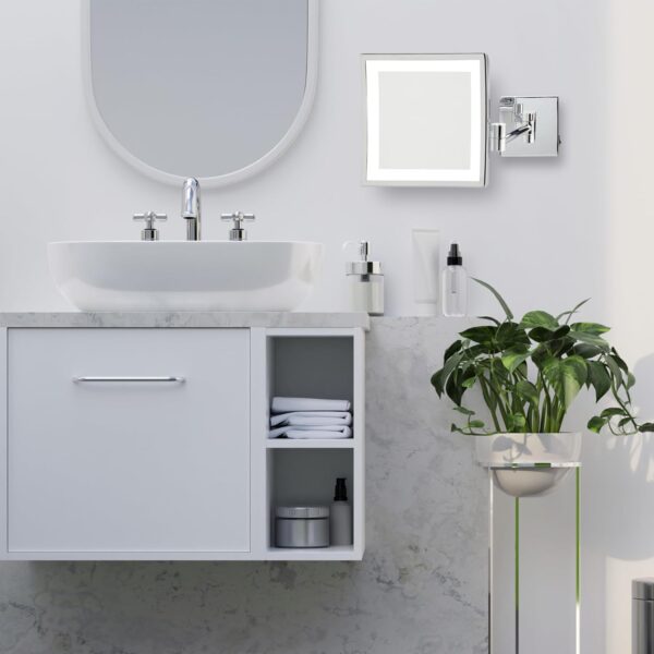 Wall Mount Lighted Makeup Mirror with Polished Chrome Finish – 8” x 8” Mirror Frame Extends16” from The Wall - 5X Magnification with Variable Touch Lighting – Direct Wire – Model - Image 2