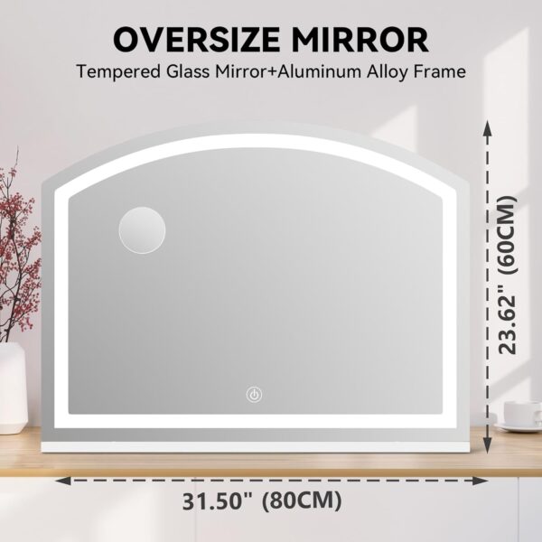 Arch Vanity Mirror with Light, 32" x 24" Arched Led Makeup Mirror with 10X Magnification, Tabletop Desk Mirror, Dimmable 3 Colors Mode - Image 2