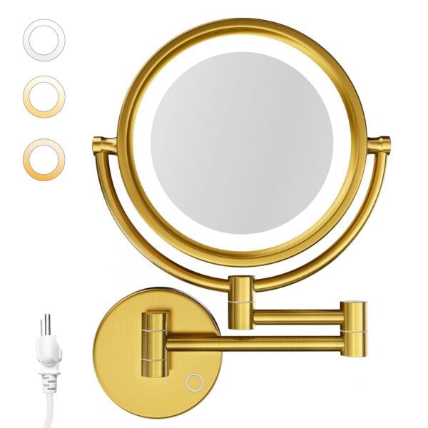 8.5 Inch Magnifying Makeup Mirror with 3 Tones Dimmable  Lights Double Sided Touch Control Wall Mounted Vanity Mirror for Bathroom with 10X  (Brushed Gold/10X)