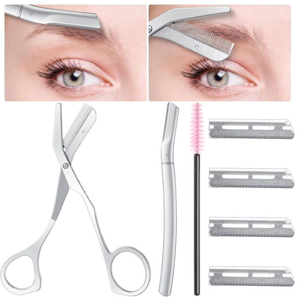 Eyebrow Grooming Scissors, Stainless Steel Eyebrow Scissors with Comb for Women and Men, 3 Replaceable Blades, Precision Exfoliation & Hair Eyebrow Removal for Radiant