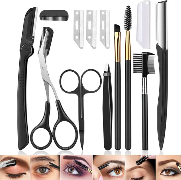 12 in 1 Eyebrow Trimmer Kit Eye Brow Scissors, Eyebrow Razor, Eyebrow Comb, Eyebrow Comb Scissor, Eyebrow Brush,Folding Eyebrow Knife, Scissors Razor, Eyebrow Trimmer, Tweezers.