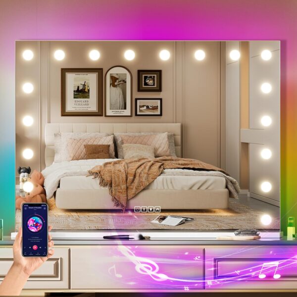 Vanity Mirror with Lights and Bluetooth, 32x23 Inch 18 Bulbs Front and  Backlit Makeup Mirror with Dimmable 3 Color, Tempered Glass, Detachable 10X Magnification, Tabletop & Wall-Mounted