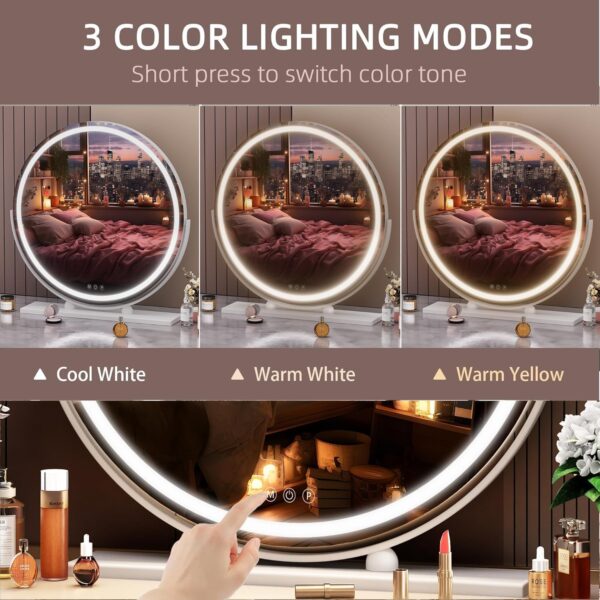 Vanity Mirror with Lights, 27.6" LED Makeup Mirror, Lighted Makeup Mirror with Lights, Smart Touch Control 3 Colors Dimmable Round Mirror 360°Rotation White - Image 2