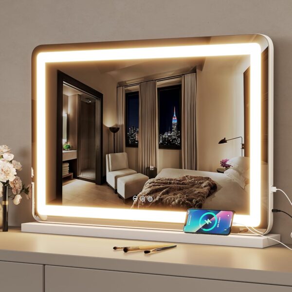 Vanity Mirror with Lights 32" x 23" LED Makeup Mirror with Lights, Dimmable 3-Color Lighting and 5X Magnification Mirror, Touch Screen Control, Wall-Mountable and Tabletop Design
