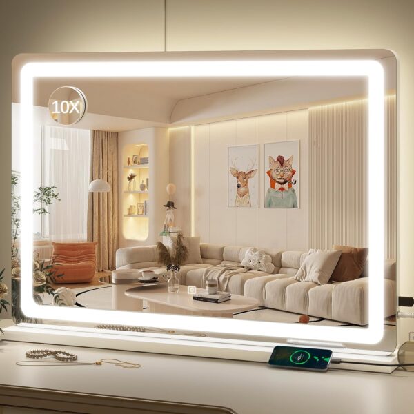 Vanity Mirror with Lights, 32" x 22" Large Lighted Vanity Mirror with Dimmable 3 Modes, LED Makeup Mirror, 10X Magnification, Touch Screen Control, USB Charging Port, Tabletop or Wall-Mounted