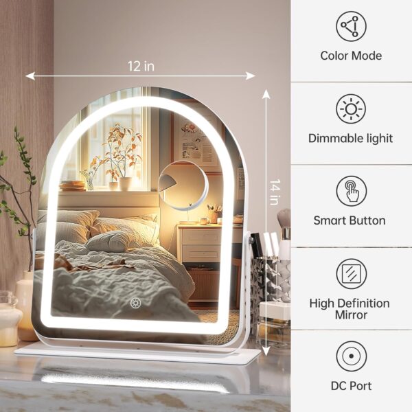 Vanity Mirror with Lights, 12"× 13.8" Arched LED Makeup Tabletop Mirror, Lighted Makeup Mirror with Lights, Smart Touch Control Dimmable 3 Modes Light 360°Rotation White - Image 2