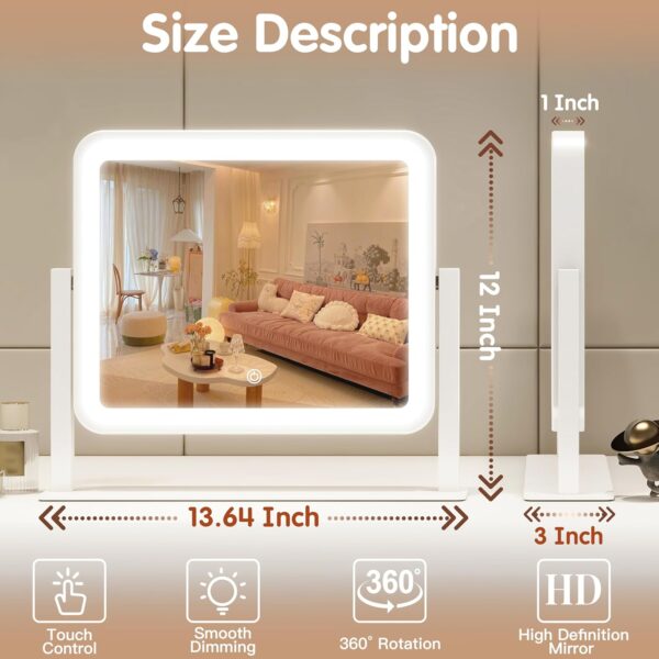 Vanity Mirror with Lights 14"×12" Makeup Mirror with Lights,Lighted Vanity Mirror Tabletop,Smart Touch with 3-Color Lighting,Dimmable,for Vanity Desk Tabletop - Image 2