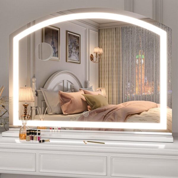 Arch Vanity Mirror with Light, 32" x 24" Arched Led Makeup Mirror with 10X Magnification, Tabletop Desk Mirror, Dimmable 3 Colors Mode