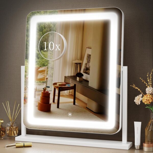 Makeup Vanity Mirror with Lights 15.2" Large LED Lighted Mirror,  Make Up Mirror with Lighting for Bedroom Tabletop, Smart Touch,Detachable 10X Magnification 360° Rotation, (White)