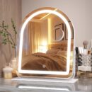 Vanity Mirror with Lights, 12"× 13.8" Arched LED Makeup Tabletop Mirror, Lighted Makeup Mirror with Lights, Smart Touch Control Dimmable 3 Modes Light 360°Rotation White