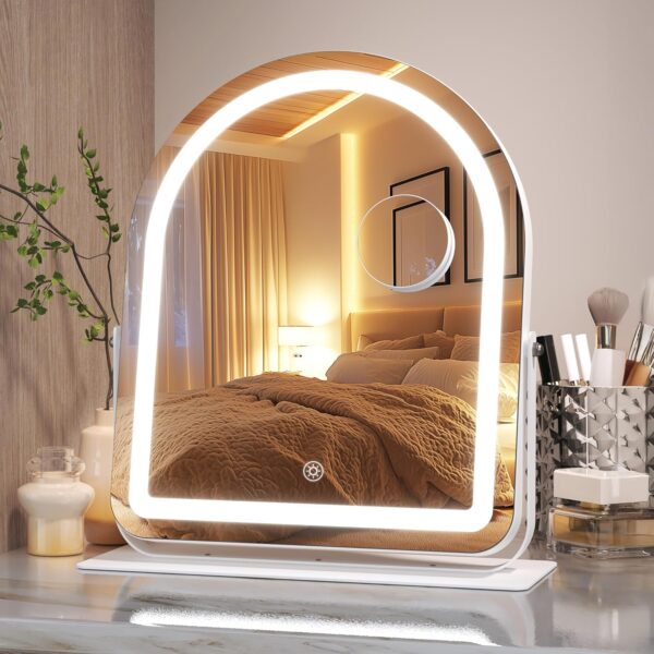 Vanity Mirror with Lights, 12"× 13.8" Arched LED Makeup Tabletop Mirror, Lighted Makeup Mirror with Lights, Smart Touch Control Dimmable 3 Modes Light 360°Rotation White