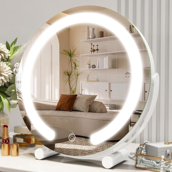 Vanity Mirror with Lights, 12 Inch Light Up Makeup Mirror, LED Makeup Mirror with Lights for Bedroom Tabletop, Smart Touch Control 3 Colors Dimmable, 360° Rotation, White