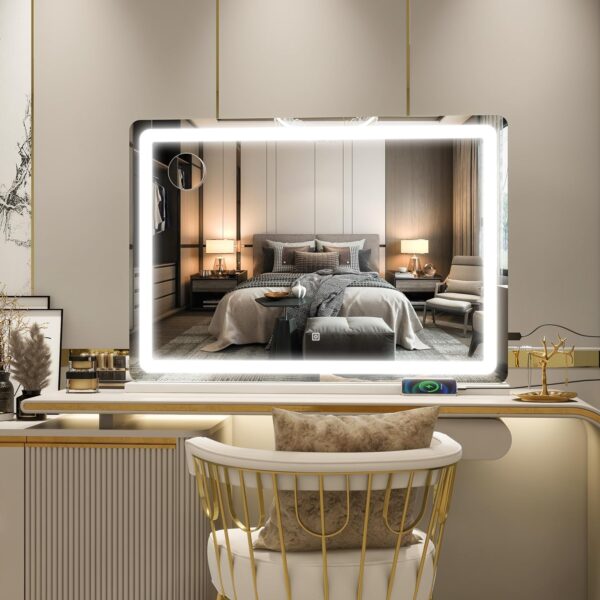 Vanity Mirror with Lights, 32" x 22" Large Lighted Vanity Mirror with Dimmable 3 Modes, LED Makeup Mirror, 10X Magnification, Touch Screen Control, USB Charging Port, Tabletop or Wall-Mounted - Image 2