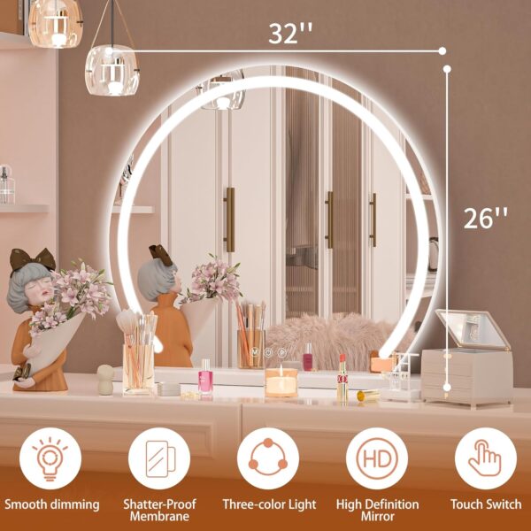 Vanity Mirror with Lights, 32" x 26" LED Makeup Mirror, Lighted Makeup Mirror with Lights, Smart Touch Control 3 Colors Dimmable Mirror White - Image 2