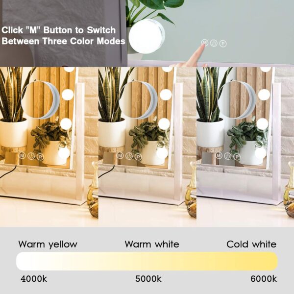 Lighted Makeup Mirror  Mirror Vanity Mirror with Lights, Touch Control Design 3 Colors Dimable LED Bulbs, Detachable 10X Magnification, 360°Rotation, (White) 12" L x 14" W - Image 2