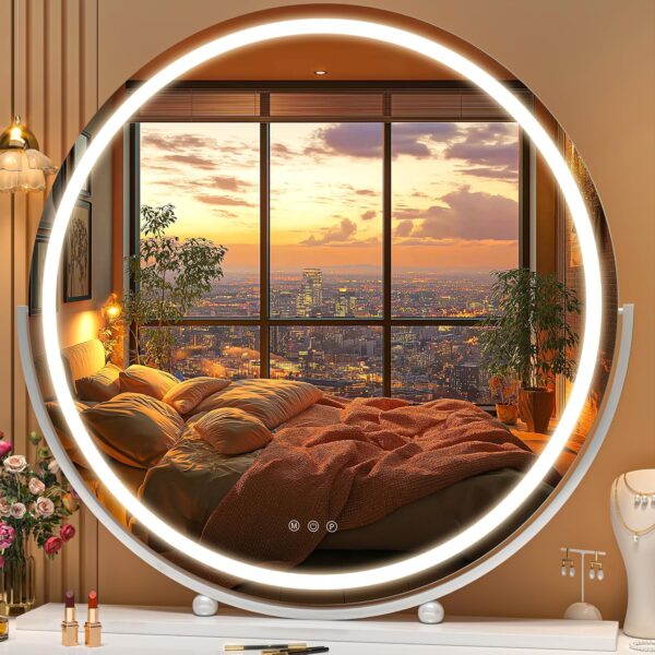 Vanity Mirror with Lights, 27.6" LED Makeup Mirror, Lighted Makeup Mirror with Lights, Smart Touch Control 3 Colors Dimmable Round Mirror 360°Rotation White