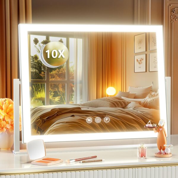 Lighted Makeup Mirror, 17.3"x13"  Vanity Mirror with Led Lights, Three Color Lighting Modes, and 5X Magnification Mirror, Smart Touch Control, 360°Rotation (White, Gift Box)